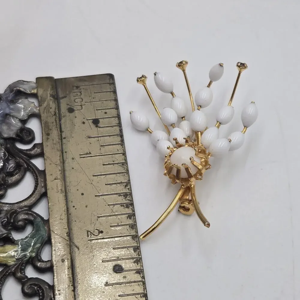 Vintage Made Austria Signed Milk Glass Flower Brooch Rhinestones Spray Gold Tone